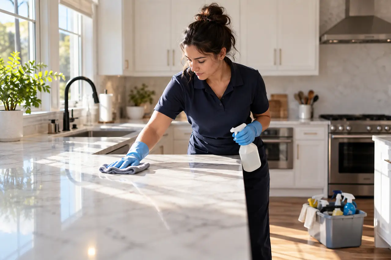 A house cleaner in a dark polo wiping down a kitchen worktop in a bright modern home