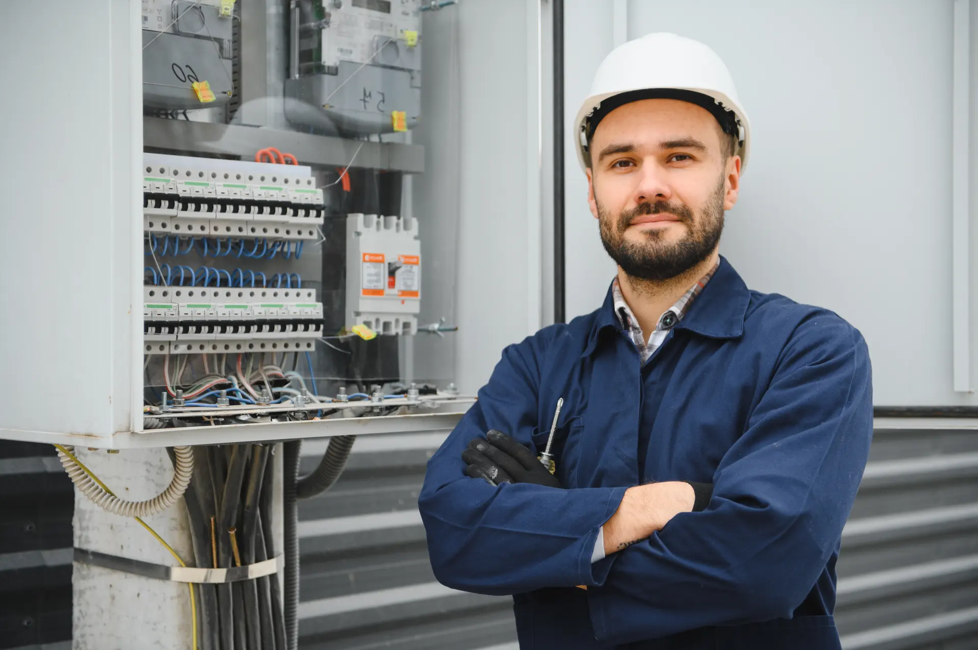 An electrician smiling in front of a fuse board