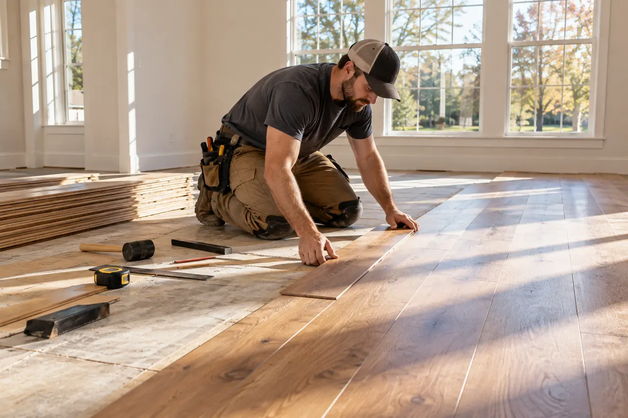 A flooring installer kneeling to lay wide oak planks across a sunlit room