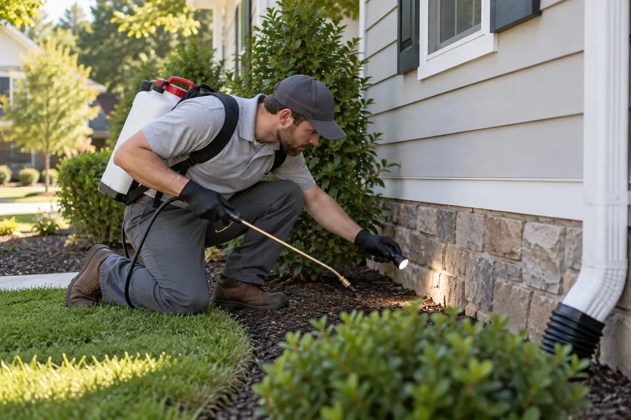 A pest control technician treating the foundation of a suburban house with a handheld sprayer