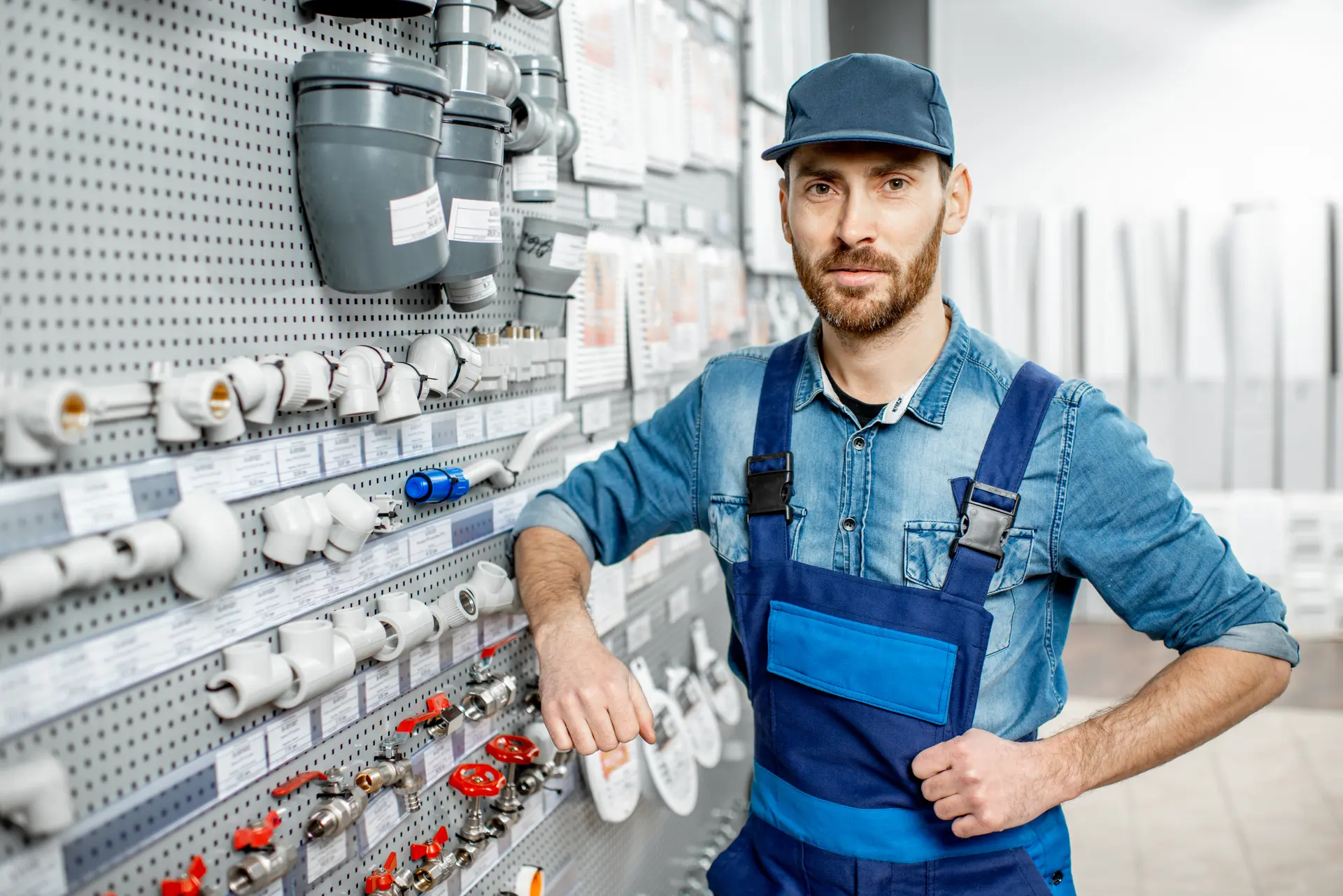 A plumber choosing pipe fittings from a shelf in a trade shop